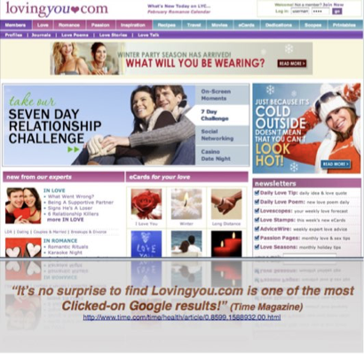 lovingyou.com screen shot with an overlay showing Time Magazine quote about Lovingyou.com being one of Google's most clicked on search results.